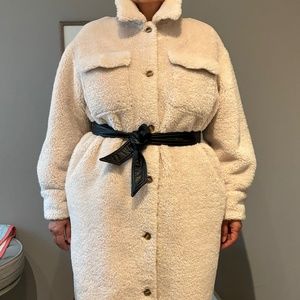 Maje Gali Belted Faux Fur Coat Overshirt Coat Oversized Teddy Coat Belted Women'